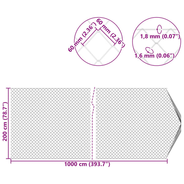 vidaXL Chain Link Fence Galvanised 2 x 10 m Glass