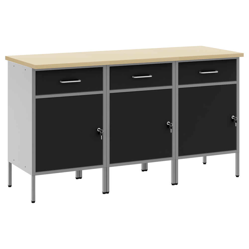 vidaXL Workbench with Drawers 3 pcs Black and Grey 150 x 55 x 85 cm