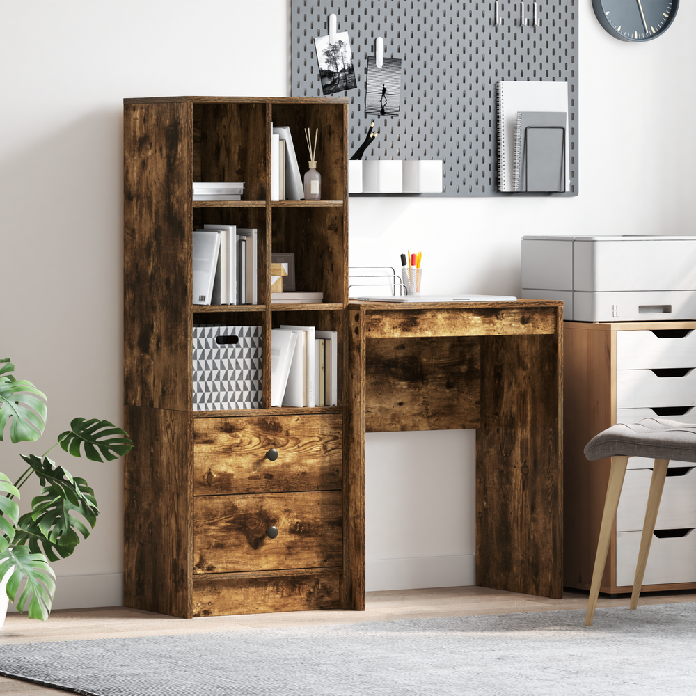 vidaXL Desk with Drawers with Shelf 2 pcs Smoked Oak
